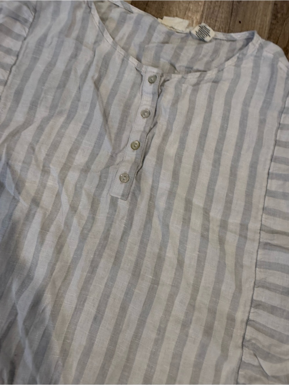Light grey & White Striped Linen Henley Top - Picture 2 of 5